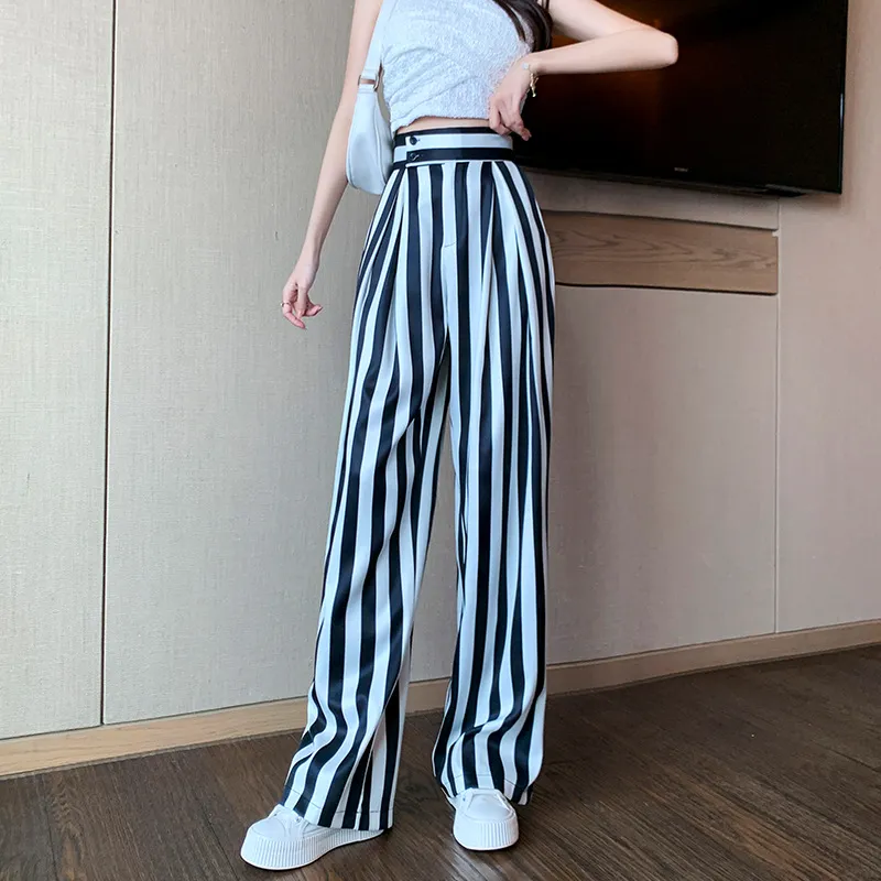 Women's New Vertical Striped Casual Loose Suit Wide Leg Pants - White
