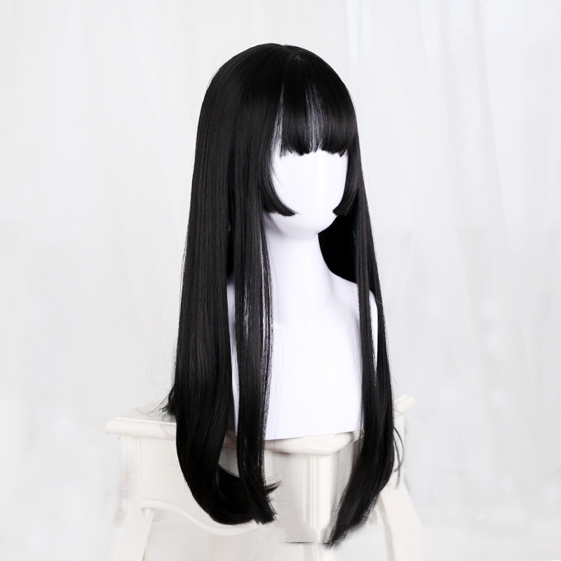 Women's Chemical Fiber Wig With Long Straight And Princess Cut Bangs Natural Black - Shop at LoveMi