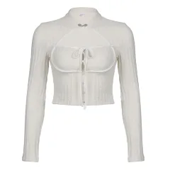 Chinese-style Design Button Stand Collar Knitted Top - White - View 1