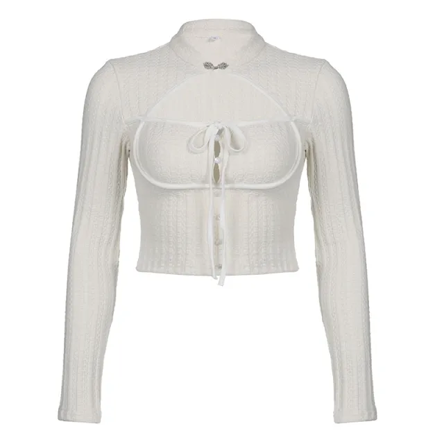 Chinese style Design Button Stand Collar Knitted Top Tan - Shop at LoveMi