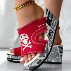 Newspaper Skull Original Hem Platform Wedge Slides - Anklet Not Included - Us 6 - View 1