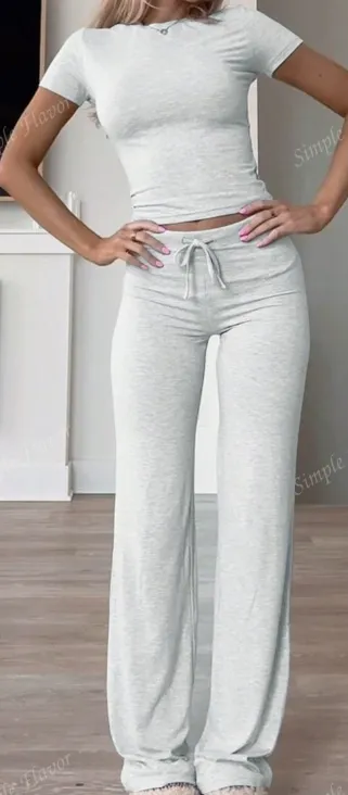 2pcsSet Casual Solid Color Short Sleeve T Shirt And Pants, Spring And Summer Grey - Shop at LoveMi