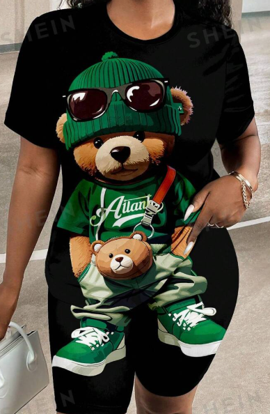 Slayr Casual Printed Cute Bear Pattern 2pcs Set For Women, Suitable For Summer