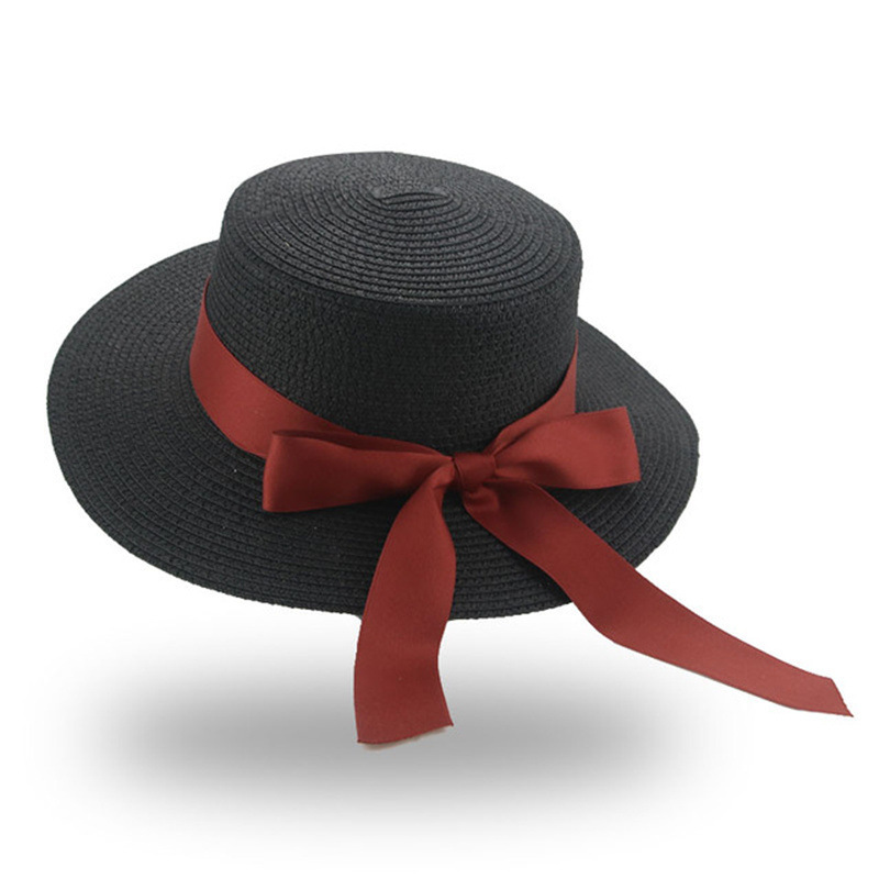 Women's Summer Bow Ribbon Flat Brim Straw Hat