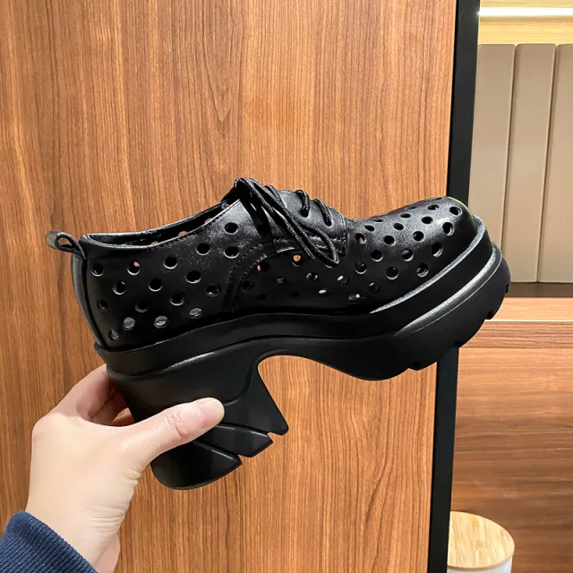 Women Leather Waterproof Platform Fashion Shoes Black - Shop at LoveMi