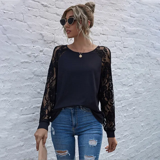 Hollow Lace Long sleeved Round Neck Sweater Women Autumn Black - Shop at LoveMi