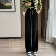 Women's Fashion Simple Solid Color Elastic Waist Tie Wide Leg Pants - Black - View 1