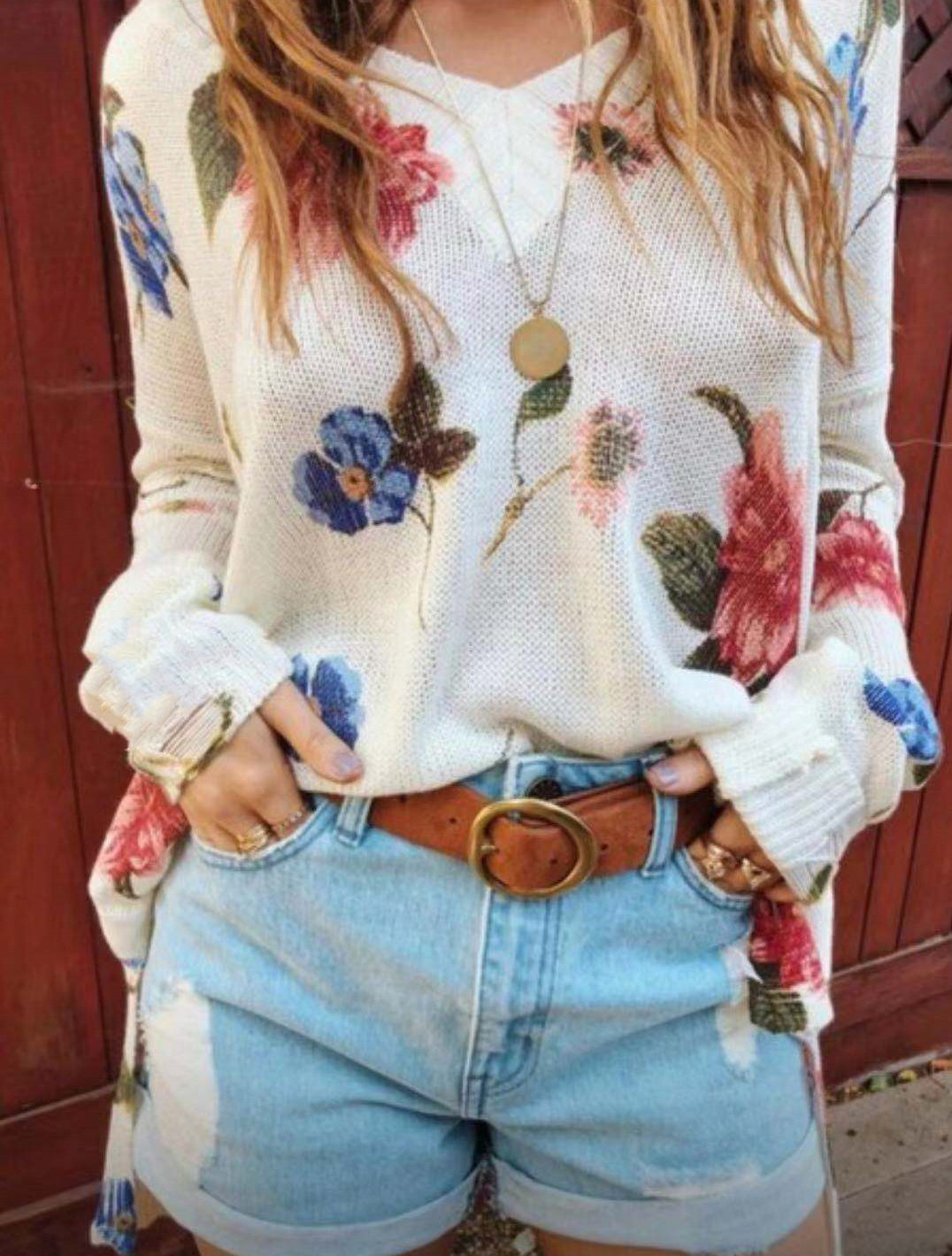 Printed V Neck Long Sleeved Loose Fitting Shirt