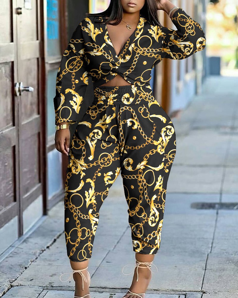 Women's Spring And Autumn Long Sleeve Printing Two-piece Suit