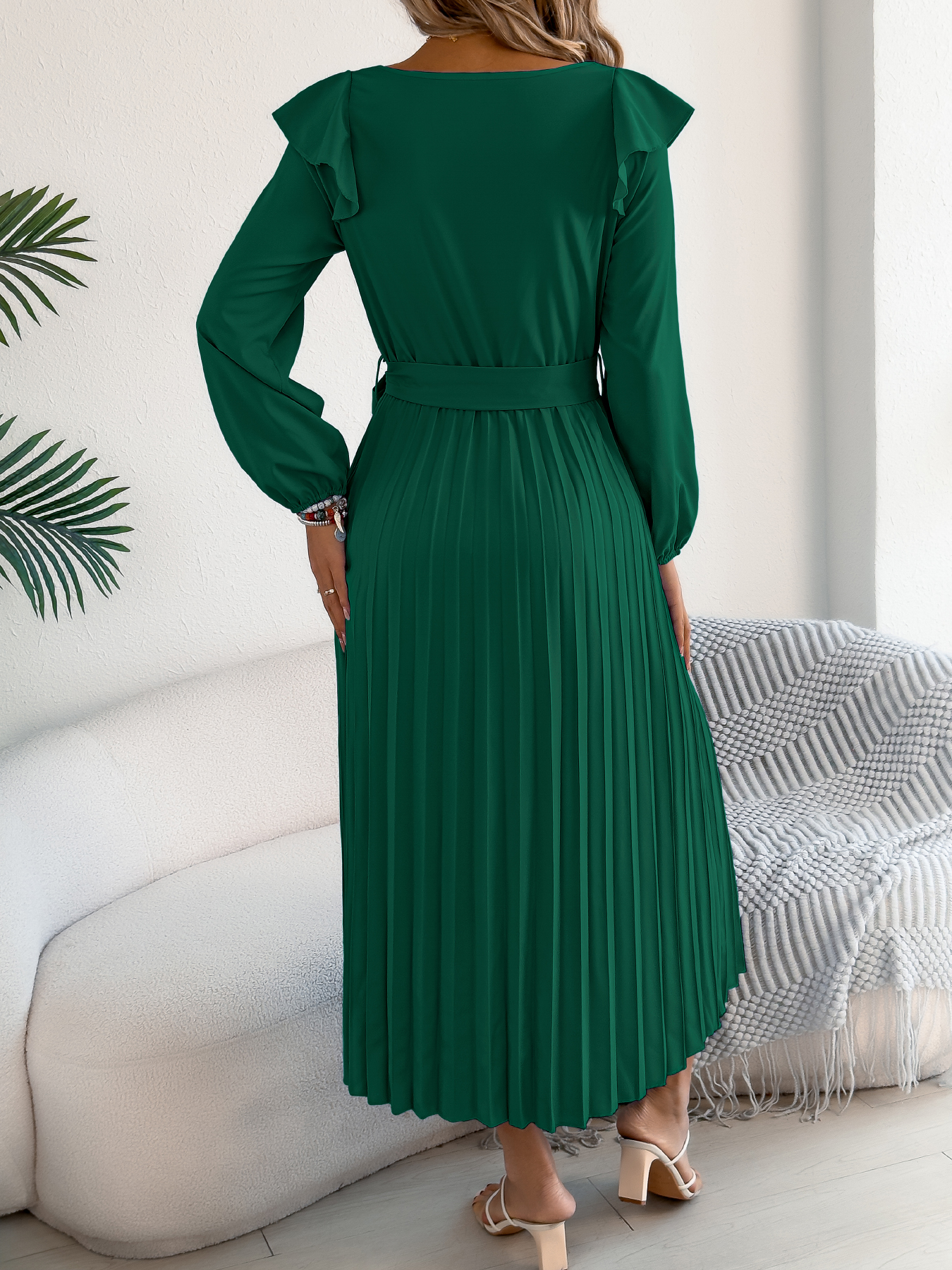 Women’s Elegant Ruffle Trim Square Neck Long Sleeve Tie Waist Pleated Dress