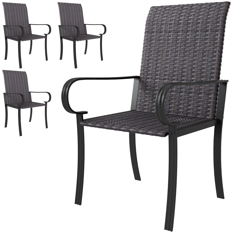 Set Of 4 Outdoor Wicker Dining Chairs With Armrest, Steel Frame, Highback And Deep Seating, Brown