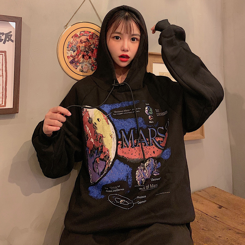 Title 3, Harajuku Style Loose Print Hooded Thick Coat