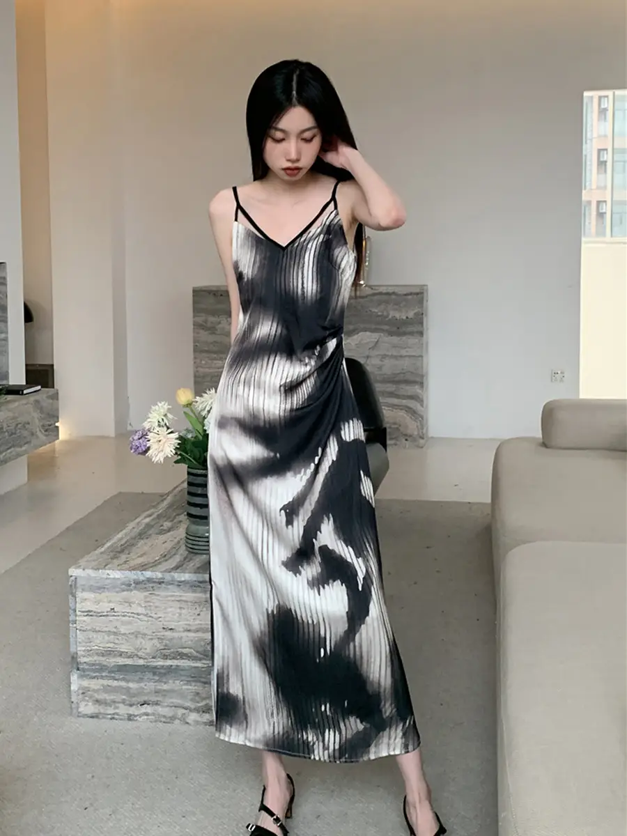 Design Sense Niche Ink Painting Printing Slip Dress Female