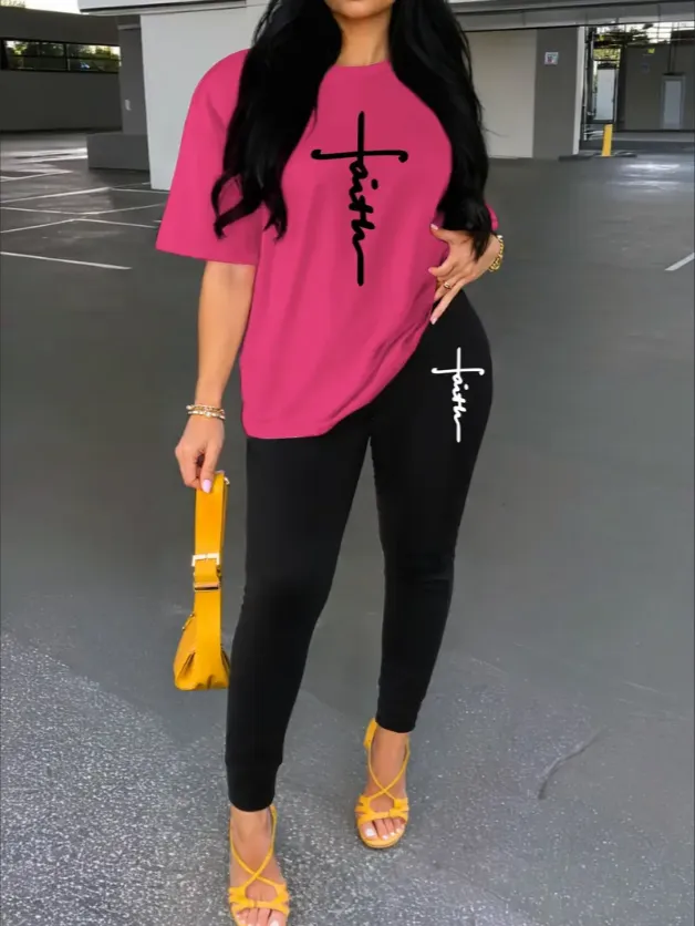 Women's Alphabet Printed Round Neck T Shirt And Leggings Set Black - Shop at LoveMi