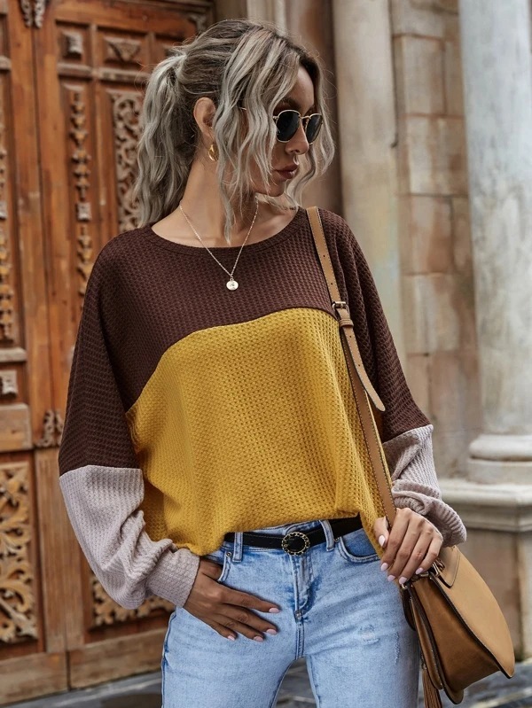 Contrasting Color Stitching Waffle Round Neck Long-sleeved Blouse Women