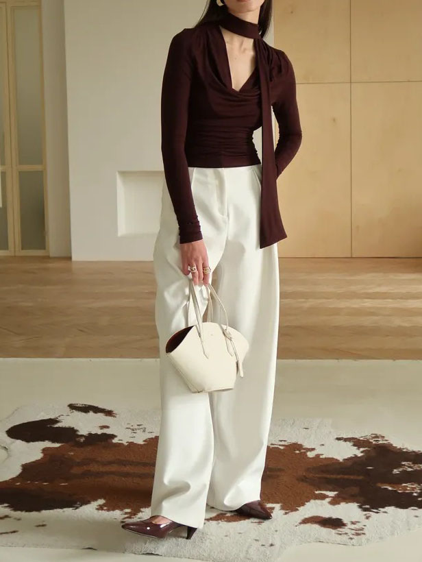 Ribbon V-neck Scarf Long-sleeved Base Shirt - Image 5