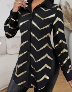 Lyxana Open Placket Foil Print Random Cut Shoulder Long Sleeve Cinched Waist Blouse Women Shirt - Black - View 1