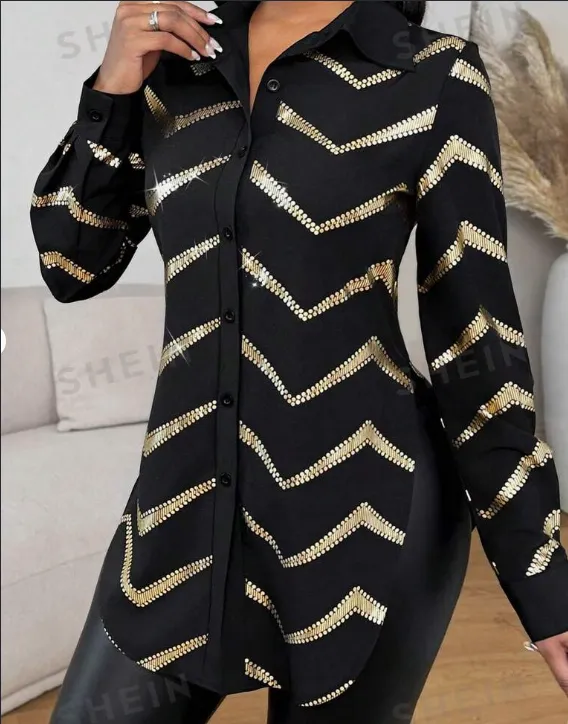 Lyxana Open Placket Foil Print Random Cut Shoulder Long Sleeve Cinched Waist Blouse Women Shirt Black - Shop at LoveMi