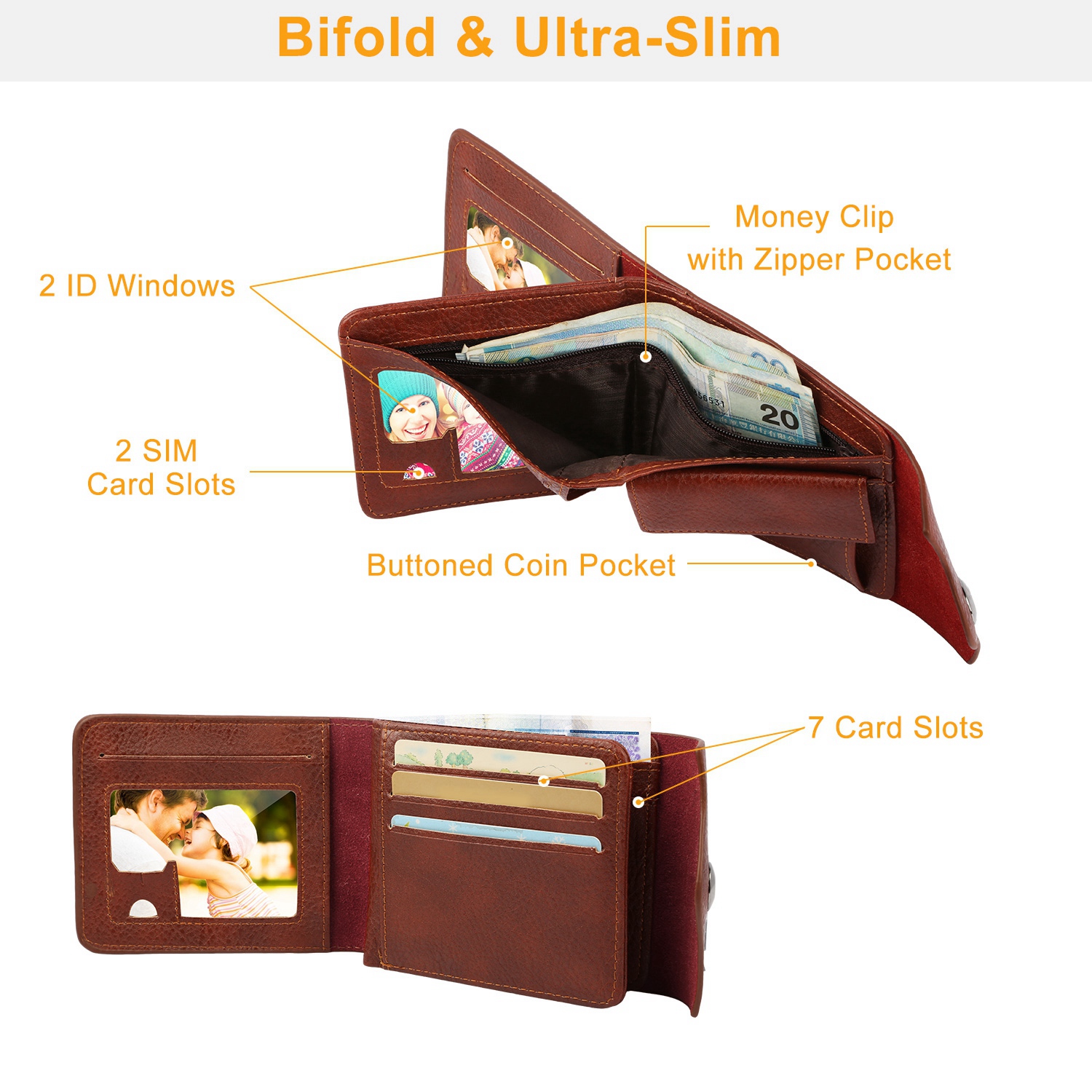 1Pc Men  Wallet PU Leather Purse Slim Card Holder Cases With 2 ID Window Coin Pocket — foto 2