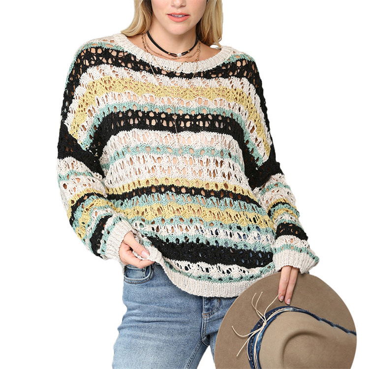 Title 4, Hollow Knitted Sweater Color Stripe Stitching R...