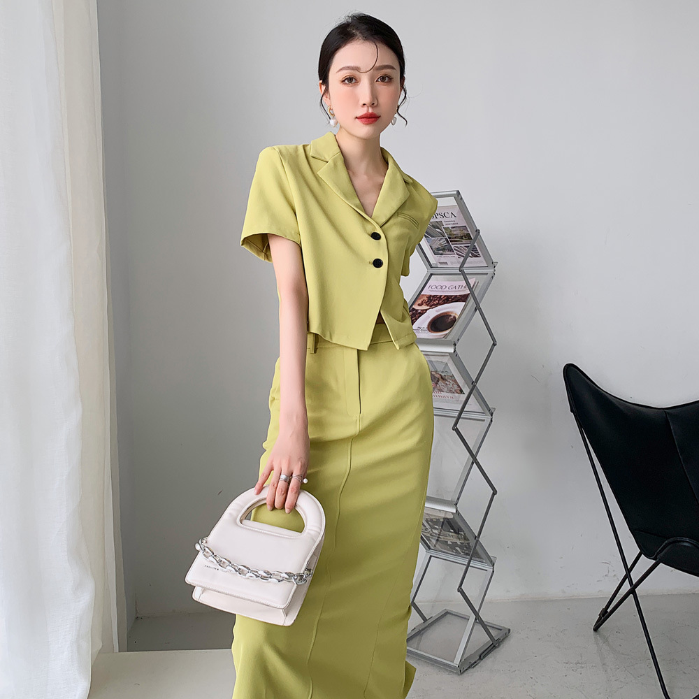 Fashion Western-style Suit Female Summer New Korean Version Of The Yellow Short-sleeved Small Suit High-waisted Half-length Skirt