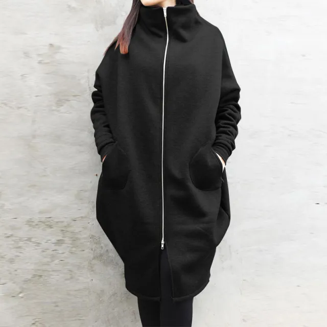 Solid Color Hooded Pocket Sweater Zipper Mid length Coat Black - Shop at LoveMi