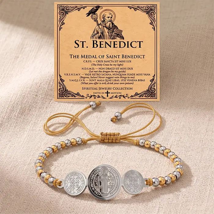 St. Benedict Medal Adjustable Braided Bead Bracelet, Two Tone Gold Silver Stainless Steel Religious Wrist Band, Women Faith Jewelry, Catholic Religious Holiday 