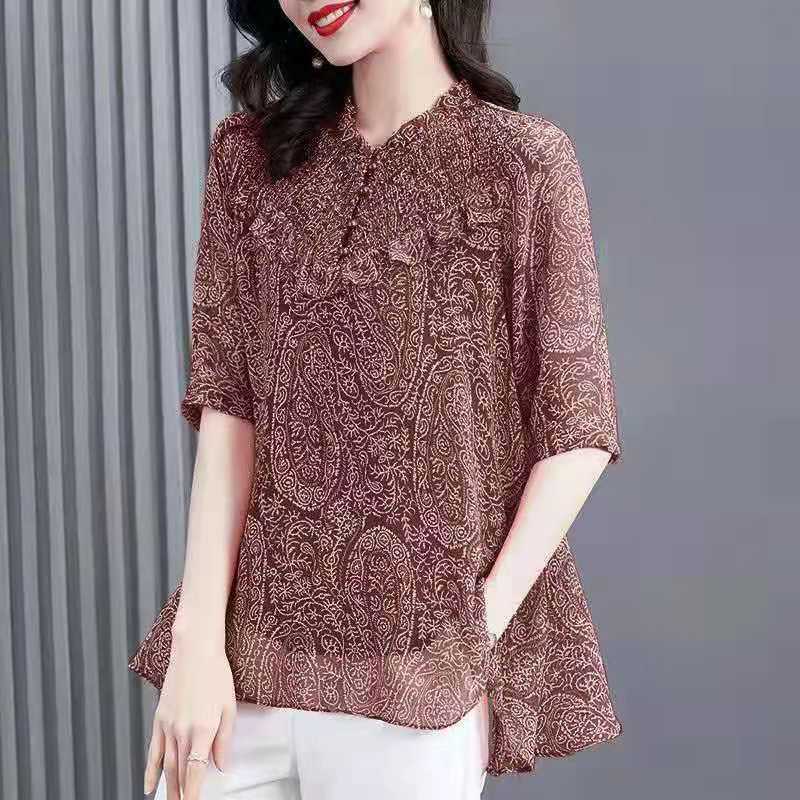 Western Style Floral Chiffon Shirt Fungus Collar Loose Casual Top