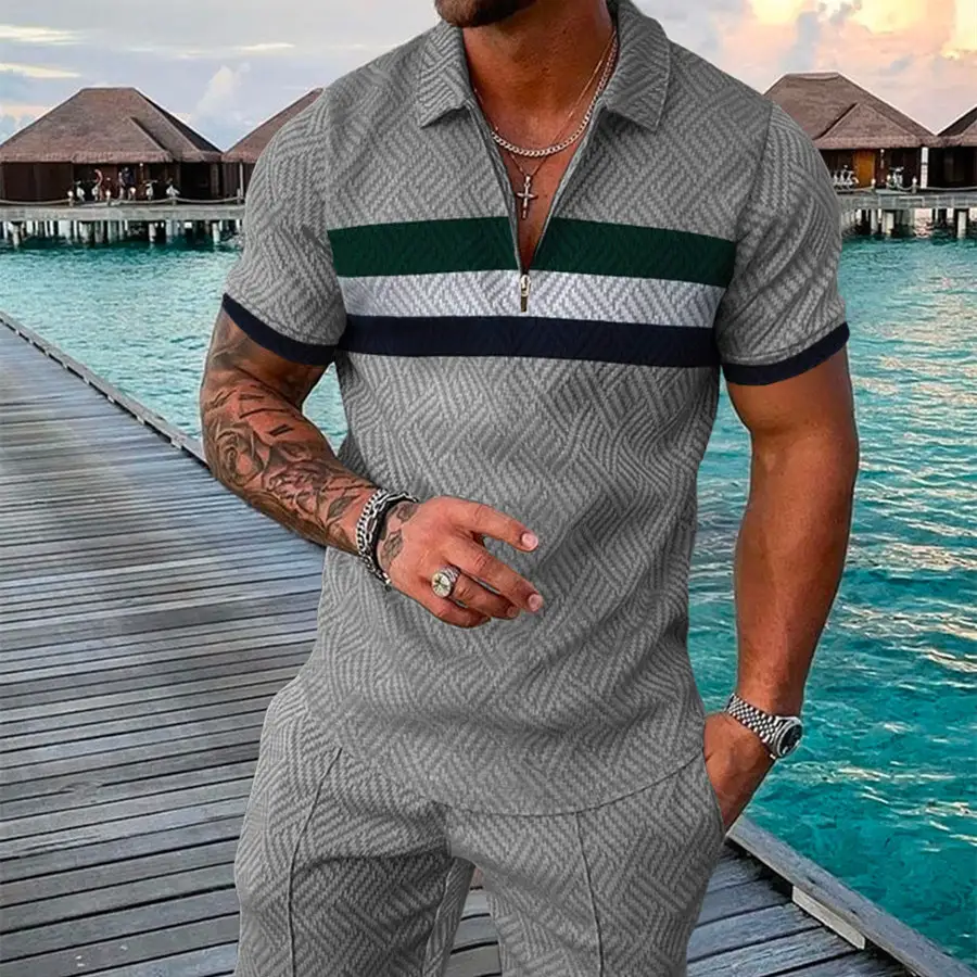 Men's Summer Fashion 3D Printed Short Sleeve Geometric Zip Lapel Shirt Set