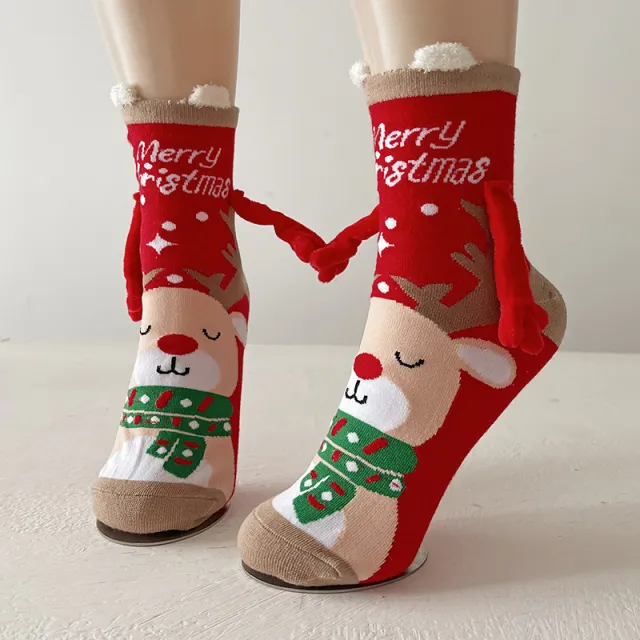 Christmas Magnetic Socks Cute Elk Santa Claus Snowman Hand holding Socks For Couple Red Scarf Elk - Shop at LoveMi