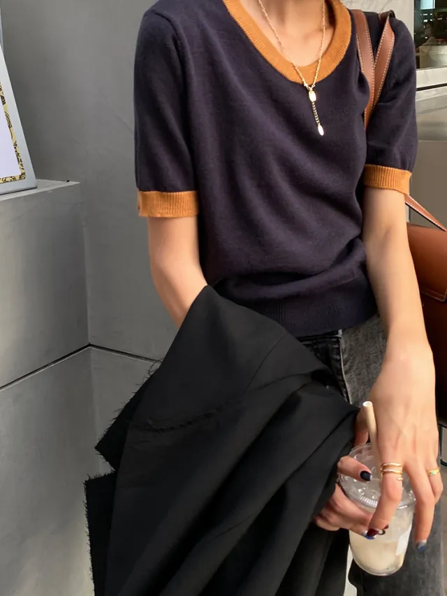 Round Neck Slimming Short Sleeve Women's Knitwear Navy Blue - Shop at LoveMi