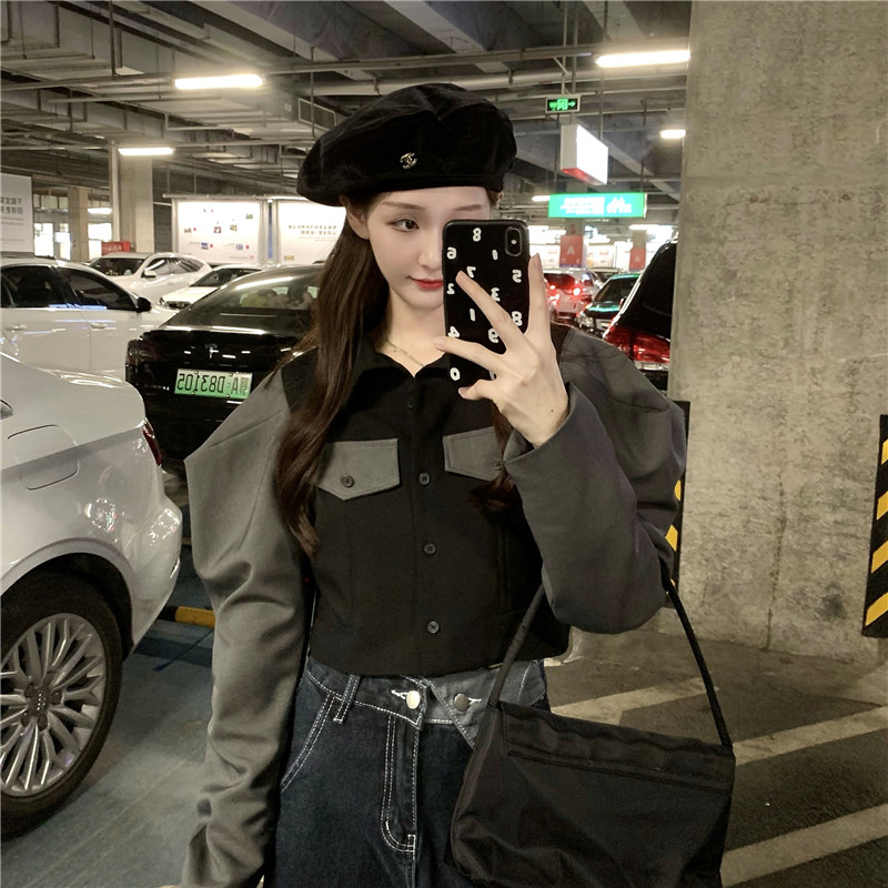 Design Sense Niche Contrast Color Stitching Long-sleeved Top Trendy Ins