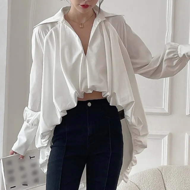Lapel Lamplight Sleeve Long Sleeve Ladies Blous White - Shop at LoveMi