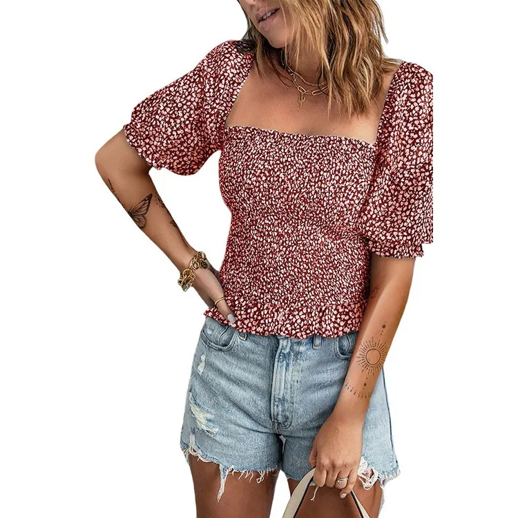 European And American Tops Women's Pullover Floral Square Collar Slim Short-sleeved T-shirt - Red