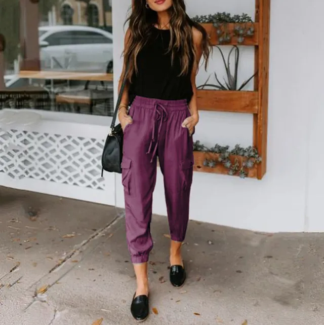 Solid Color Loose Casual Pants Pocket Drawstring Drawstring Pants Purple - Shop at LoveMi