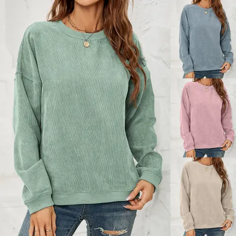 Corduroy Pullover Sweatshirt Casual Fashion Solid Round Neck Long-sleeved