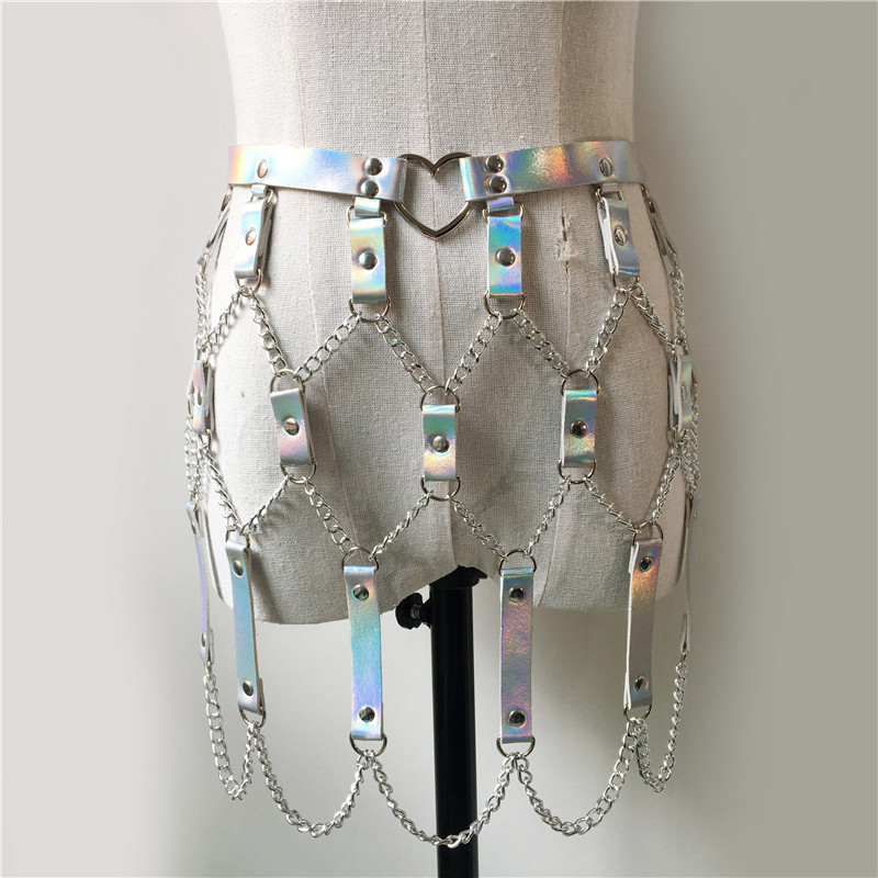 Women's Punk Laser Leather Waist Chain Skirt