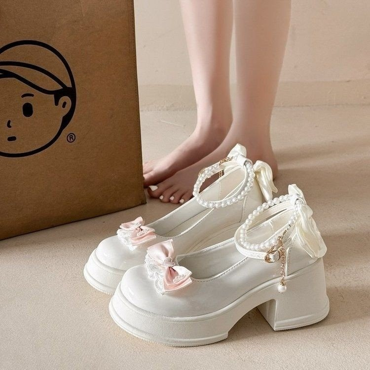 Sweet Pearl Bow Platform Mary Janes 2026 New Lolita Style Chunky Heel Pumps
