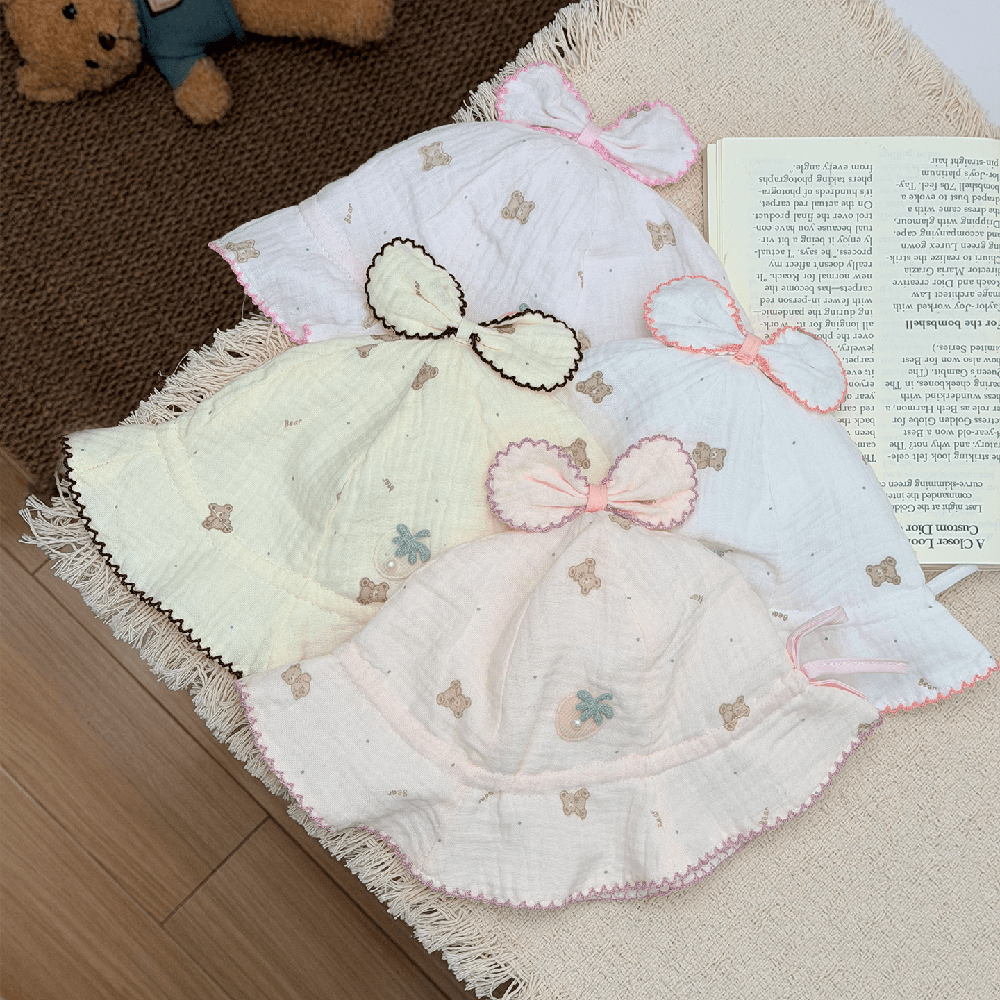Summer Baby Bear Print Bow Hat With Frilled Brim And Strawberry Embroidery, A Comfortable And Cute Children's Style Boater Hat. 3