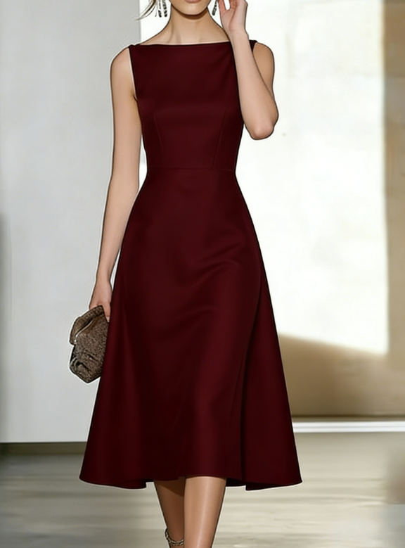 Satin Off-the-shoulder Sleeveless Fitted Waist Asymmetrical Full Skirt Dress