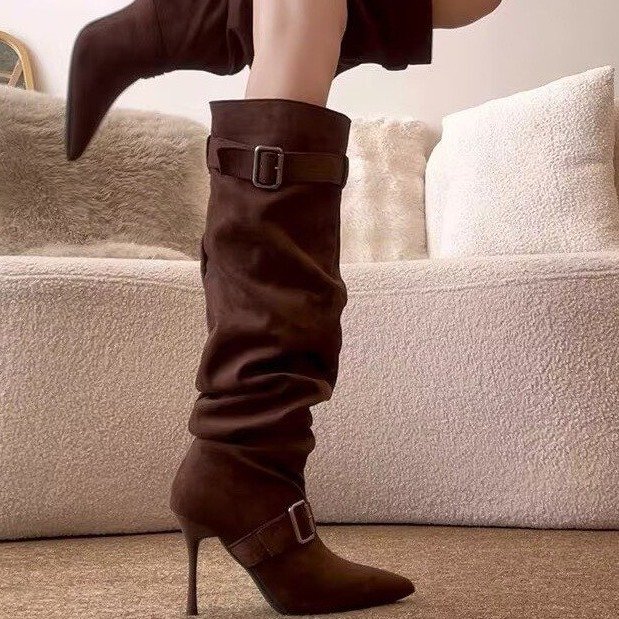 Omen's Pointed Toe Stiletto Heel Slouch Knee High Boots Buckle Decor Suede Tall Boots