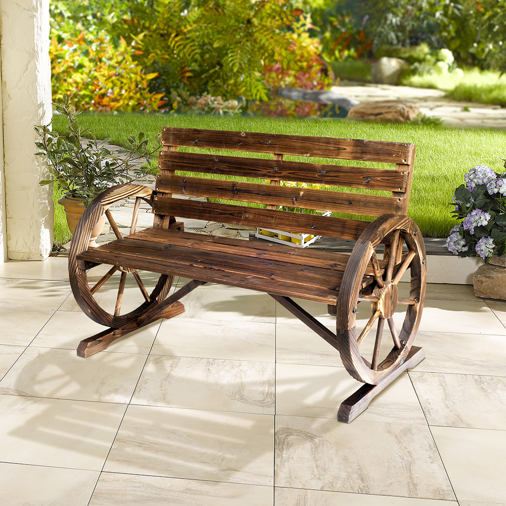 Wooden Wagon Wheel Bench, Rustic Outdoor Patio Weather Resistant Furniture... 4