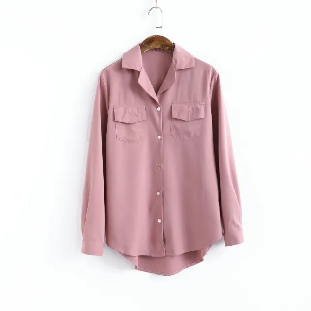 Long Sleeved Autumn Suit Collar Satin Shirt Women Bean Paste Color L - Shop at LoveMi