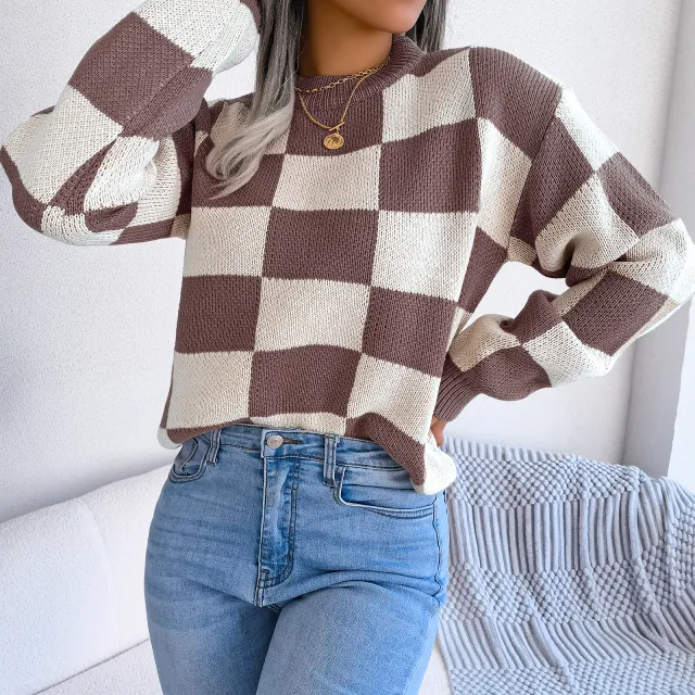 Women's Checkered Crewneck Sweater Spring Fall Fashion Loose Pullover Top Coffee - Shop at LoveMi