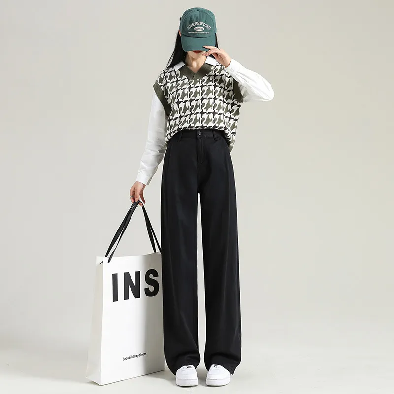 Tencel Black Wide Leg Jeans Women's High Waist Slim - 8990Thick Lengthening