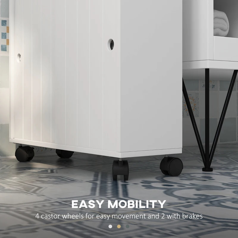 Kleankin Toilet Paper Cabinet, Slim Bathroom Cabinet With 4 Rolling Wheels, Small Bathroom Storage Cabinet With Paper Holes, Sliding Doors And Adjustable Shelf For Small Space, White