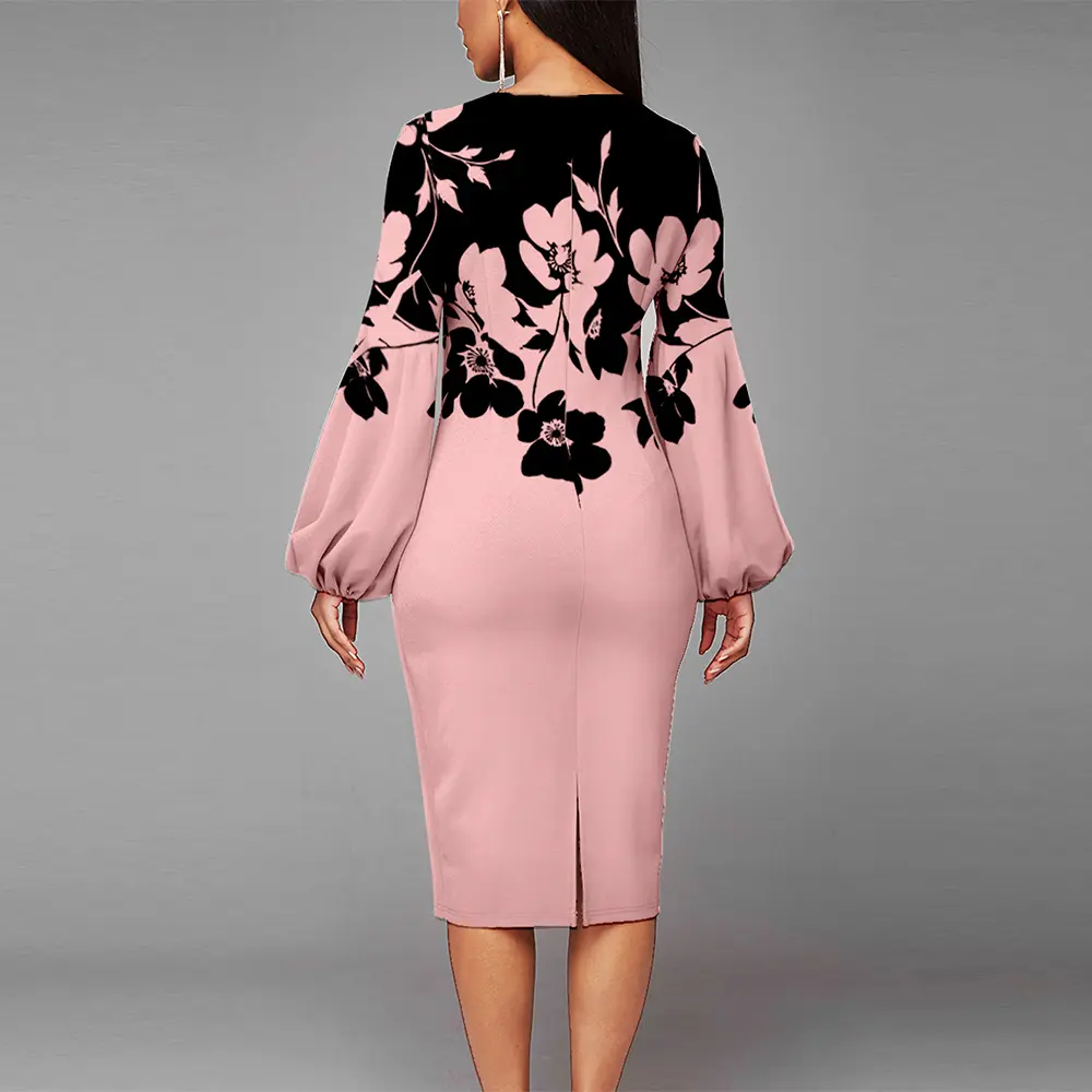 Round Neck Floral Digital Print Puff Sleeve Dress