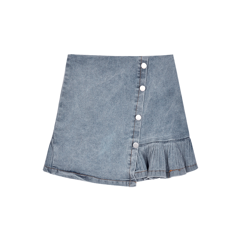 High-Waisted Denim Skirt Was Thin And Pleated
