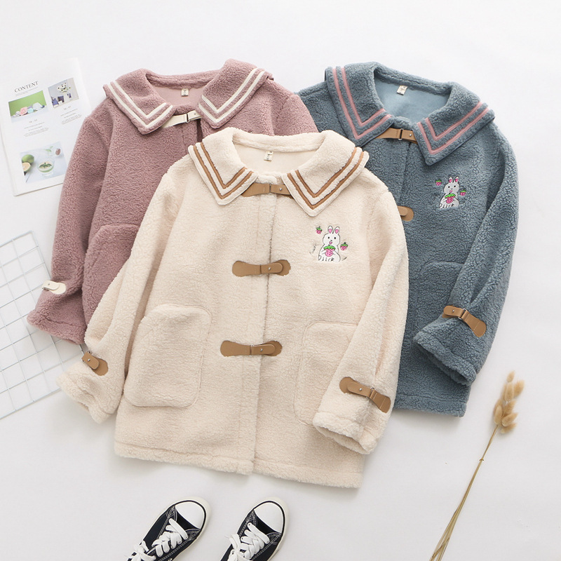 Cute Rabbit Embroidered Fur One Lamb Fur Navy Collar Short Coat Girl