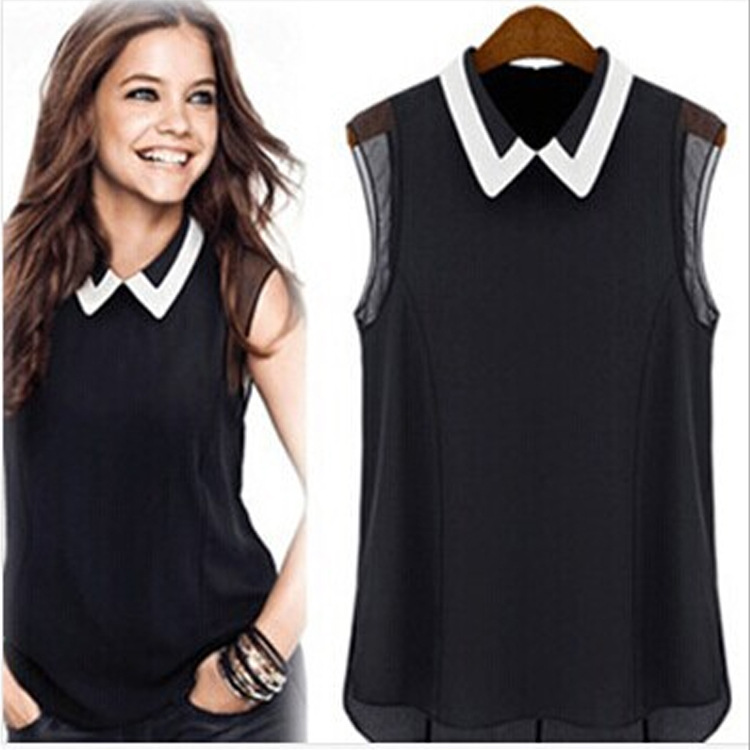 Title 5, Doll Collar Gauzy Chiffon Blouse Sleeveless Col...